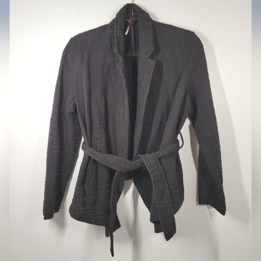 Free People Black Waffle Cotton Knit Blazer Belted Jacket Women Size Small